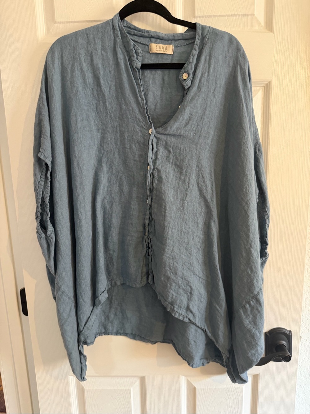 Lightweight Linen Blend Blue Button-Front Women's Top cape plus size